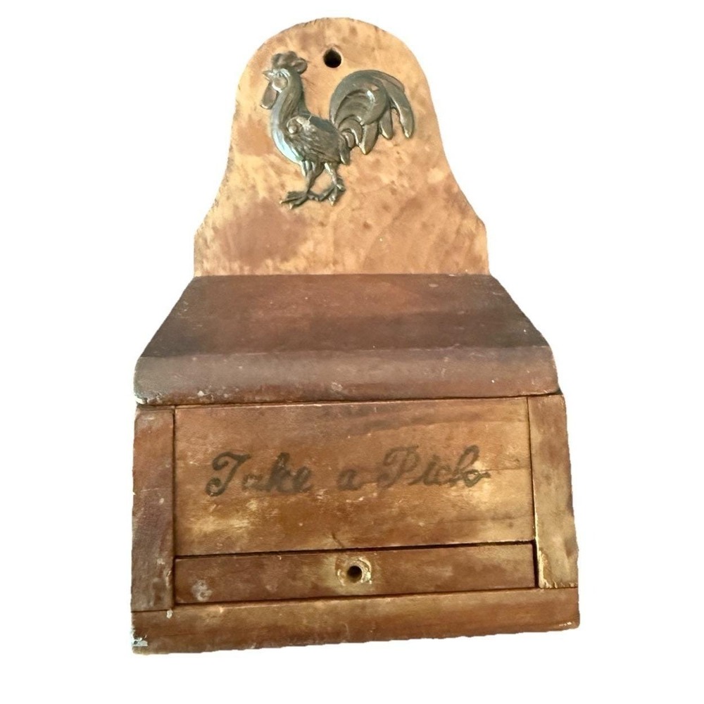 Vintage Wooden Wall Mount Toothpick Dispenser "Take a Pick" Rooster Folk Art